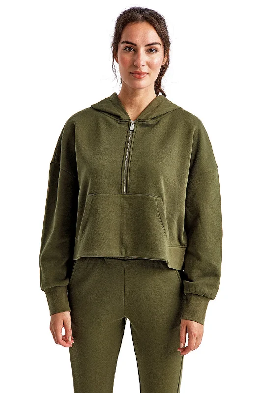 Women's Hooded Sweatshirts with Ribbed WaistTriDri Womens Alice 1/4 Zip Hooded Sweatshirt Hoodie w/ Pouch Pocket - Olive Green