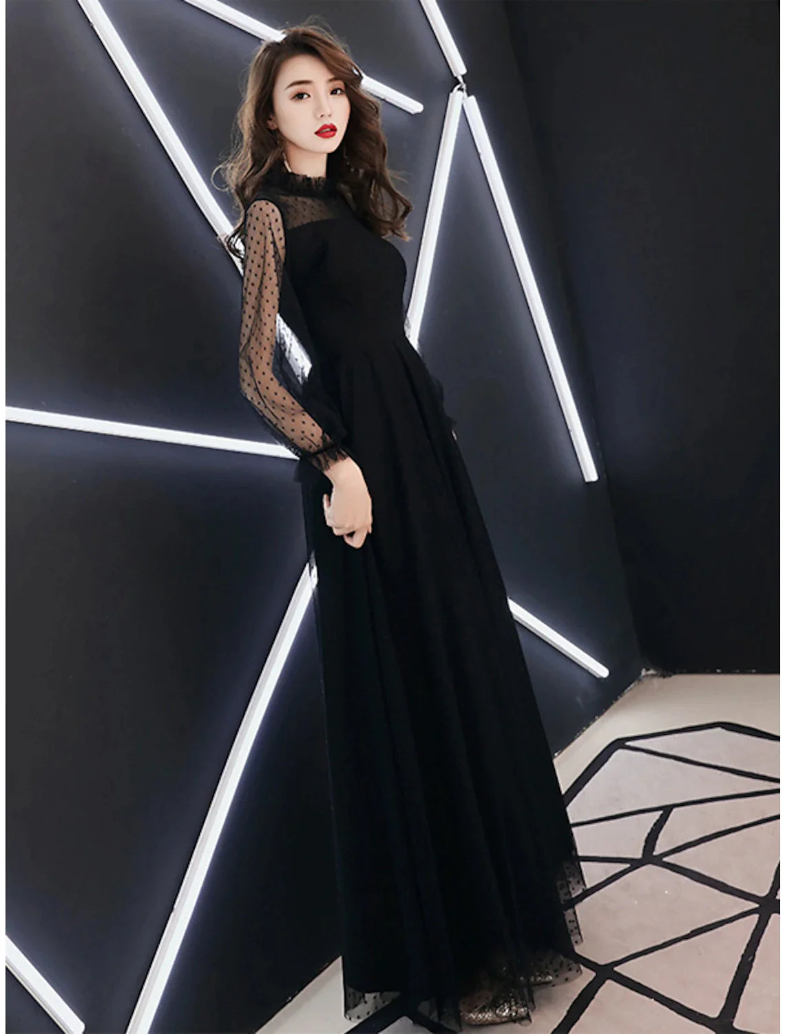 Women's Long-Sleeve DressesA-Line Little Black Dress Elegant Party Wear Prom Dress High Neck Long Sleeve Floor Length Lace with Ruffles