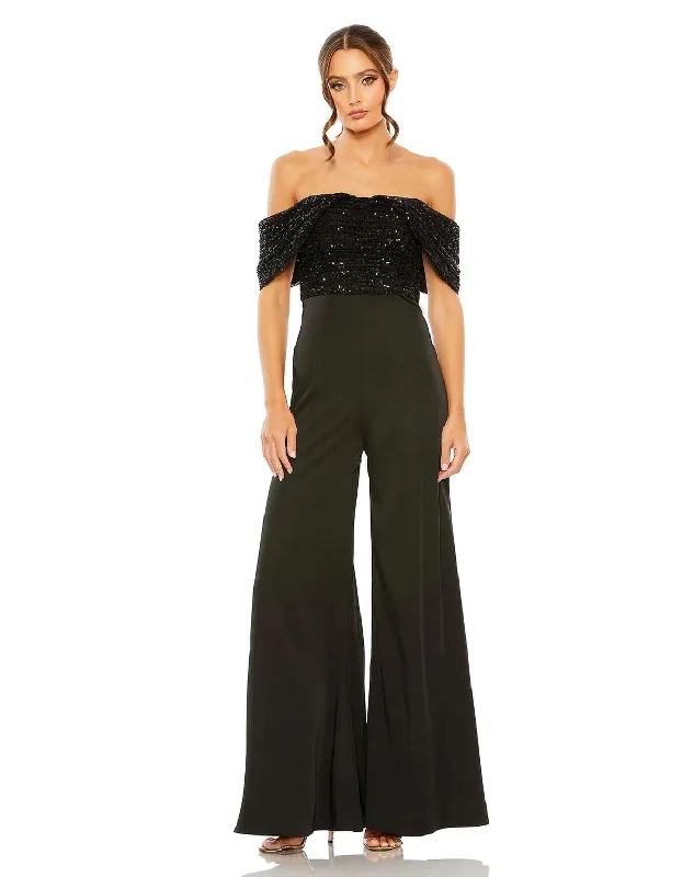 Women's Jumpsuits with Keyhole CollarMac Duggal 11667 Formal Sequined Off Shoulder Jumpsuit