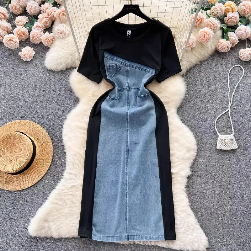 Women's Ribbed SkirtsFrench retro short-sleeved denim dress women's chic casual long skirt   S4531