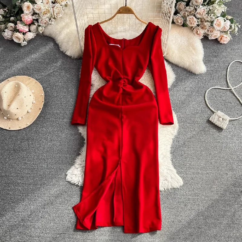 Women's Formal Skirtselegant long-sleeved square neck red dress elegant long skirt  S4251