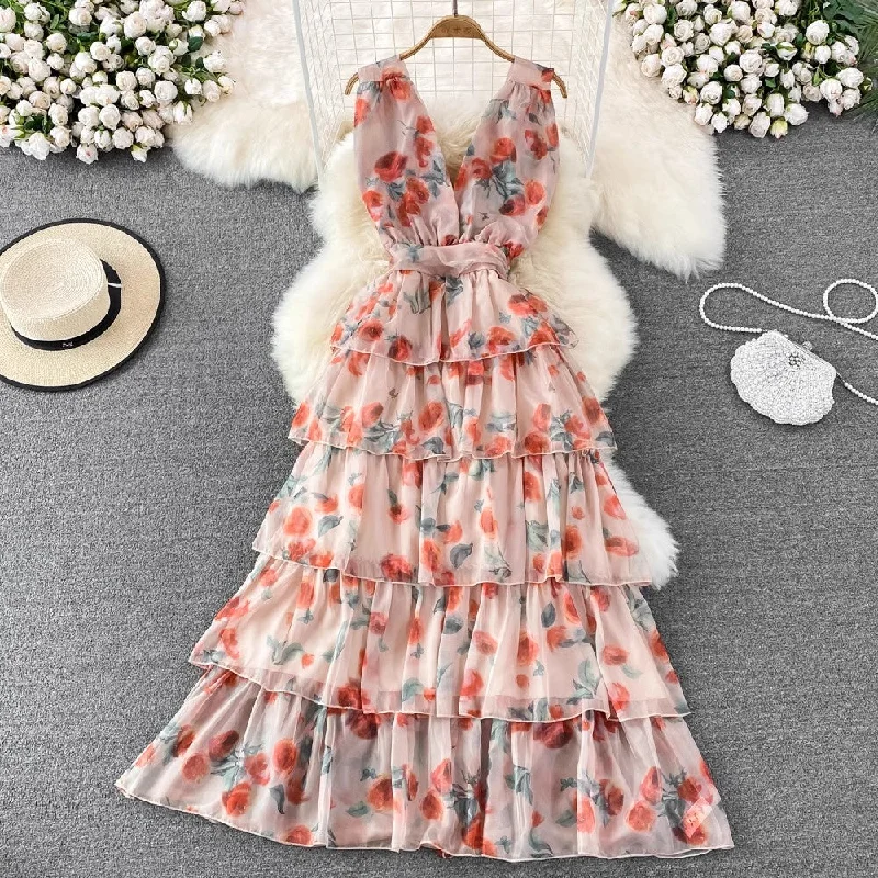 Women's Notched Collar SkirtsFloral Long Skirt Sweet Sleeveless A-Line Chiffon Dress     S4323