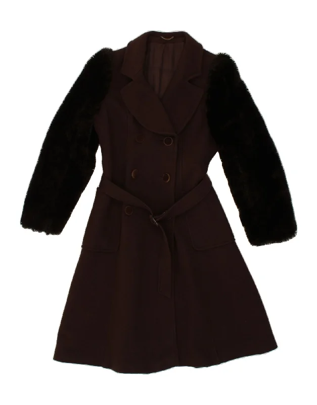 Women's Coats with Fur Trimmed ZipperYOUR SIXTH SENSE Womens Double Breasted Coat UK 10 Small Brown Colourblock