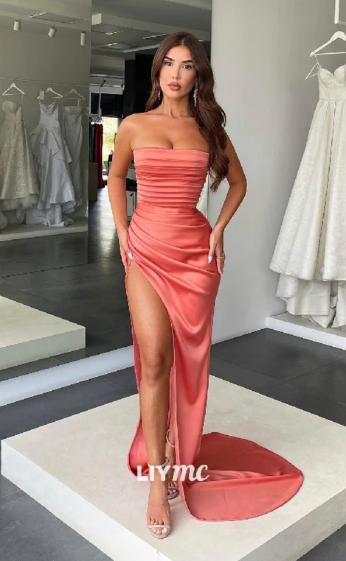 Women's Off-Shoulder DressesLP302 - Simple Strapless Ruched Satin Sheath Party Evening Dress With Slit