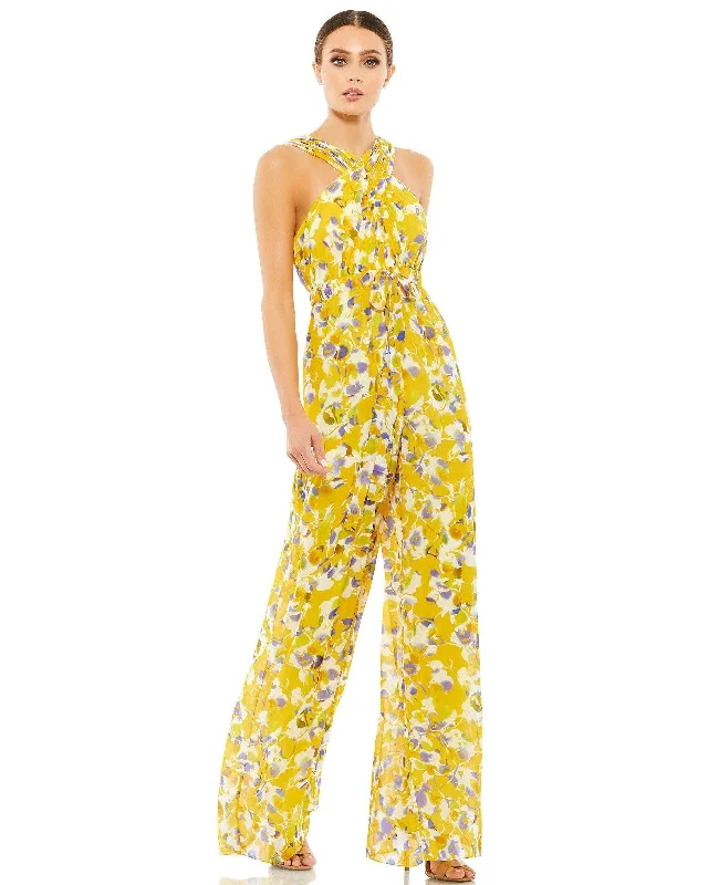 Women's Jumpsuits with Shirt CollarMac Duggal 55433 Formal Floral Print Halter Jumpsuit