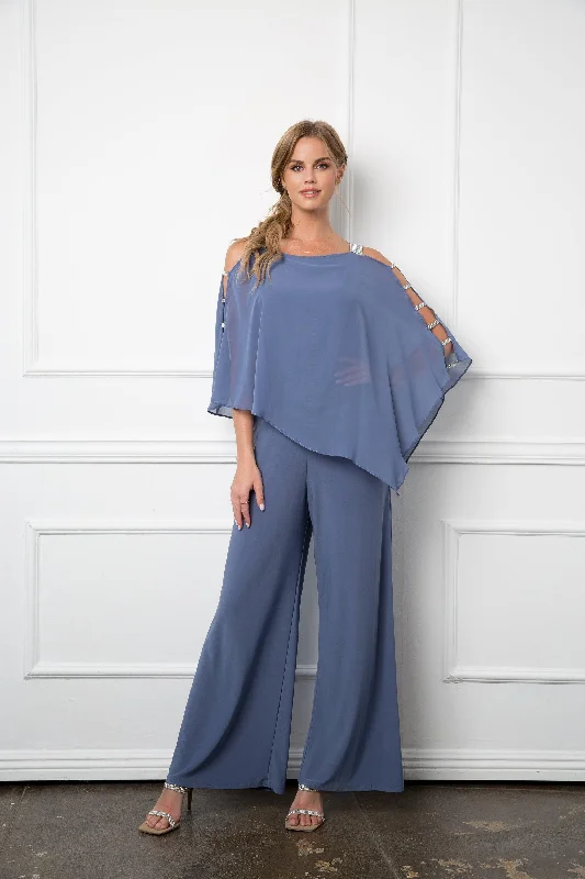 Women's RompersSlate Blue XL Formal Chiffon Cape Overlay Jumpsuit Sale