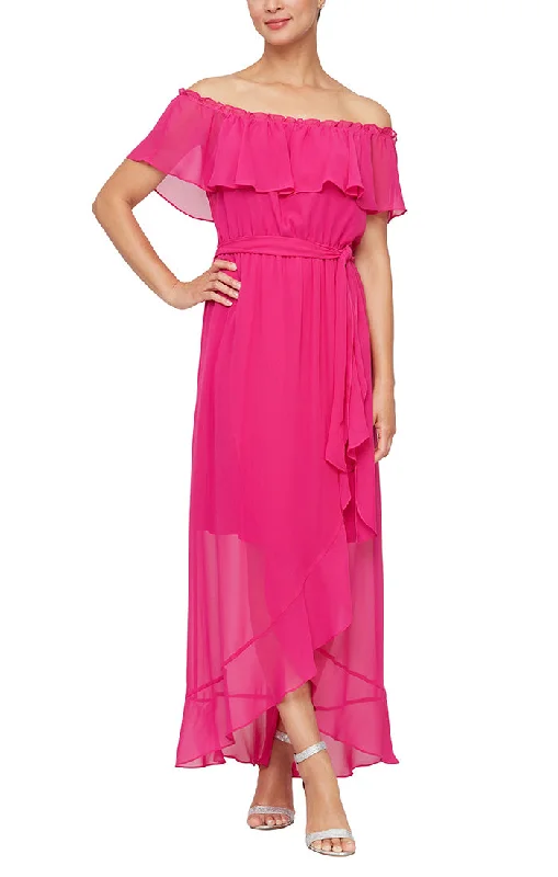 Women's Knit SkirtsOff-the-Shoulder Chiffon Dress with Tie Waist & Tulip Overlay Skirt