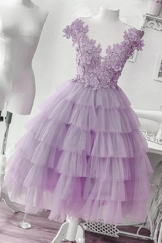 Women's Narrow-Neck DressesLavener Layers Tulle with Lace Short Party Dress, Cute Formal Dress      S1036