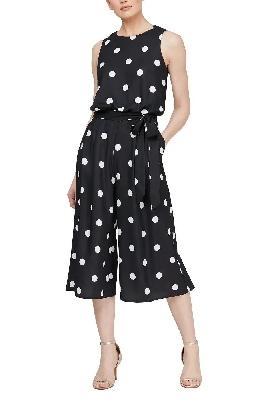 Women's Jumpsuits with Shawl CollarSL Fashions 9160183 Polka Dot Blouson Cropped Jumpsuit