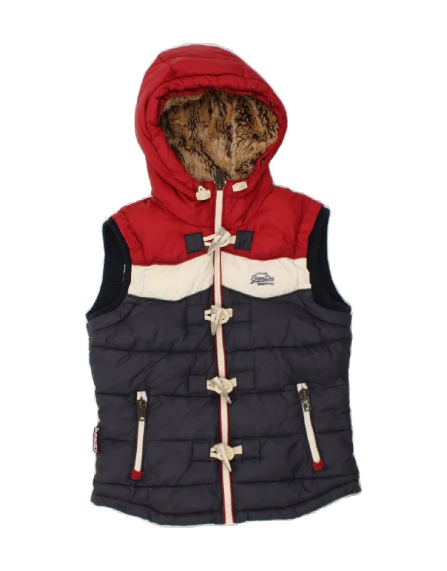 Women's Coats with SleevesSUPERDRY Womens Hooded Padded Gilet UK 10 Small Navy Blue Colourblock