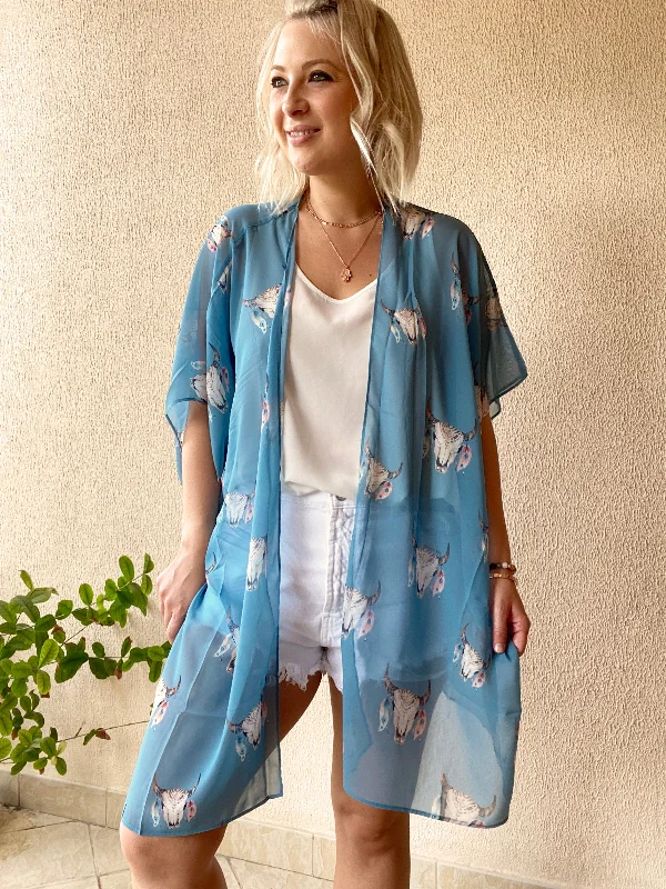 cozy women's flannel pajamasLight blue Bull Kimono in short length