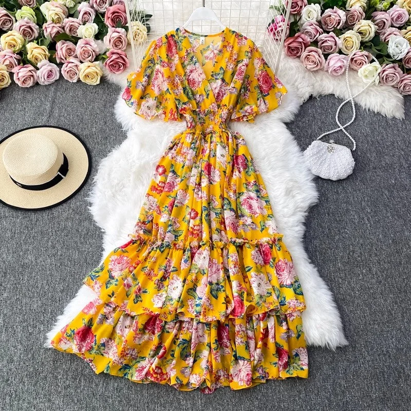 Women's Performance SkirtsV-neck floral dress bohemian long skirt       S4179