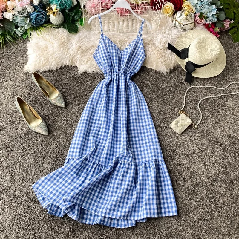 Women's Semi-Formal Skirtsbeach dress vacation dress, ruffled sleeveless long skirt V-neck suspender plaid dress     S4244