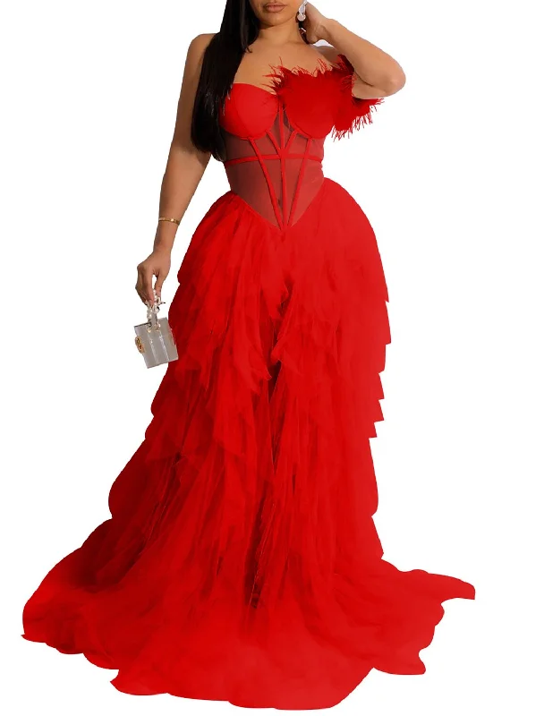 Women's Pencil DressesA-Line Party Dresses Corsets Dress Prom Wedding Party Court Train Sleeveless One Shoulder Tulle with Feather