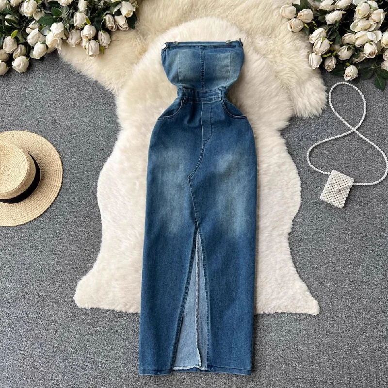 Women's Comfortable Skirtsdenim dress for women sexy slit retro style skirt trendy     S4566