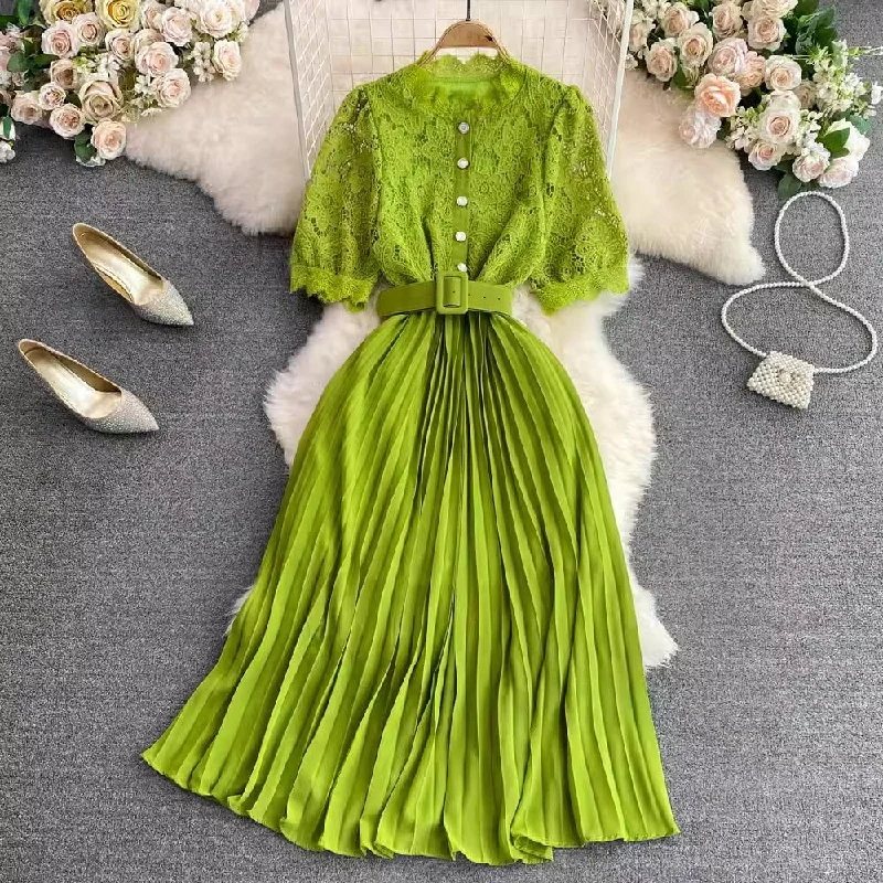 Women's Button-Up Skirtsshort-sleeved round-neck lace pleated dress elegant long skirt     S4312