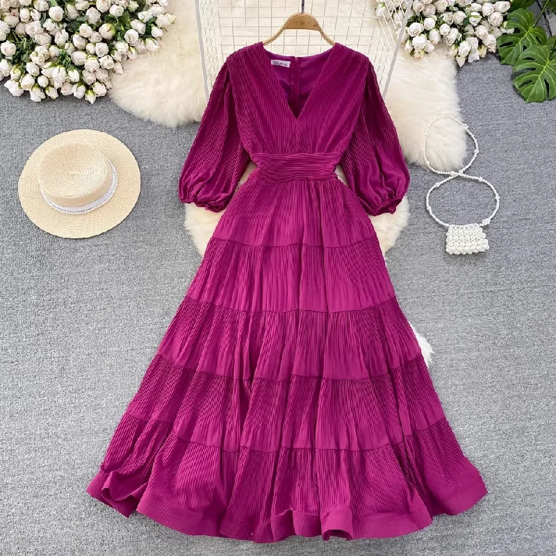 Women's Solid Color SkirtsPuff short-sleeved V-neck A-line chiffon dress Elegant long skirt      S4285