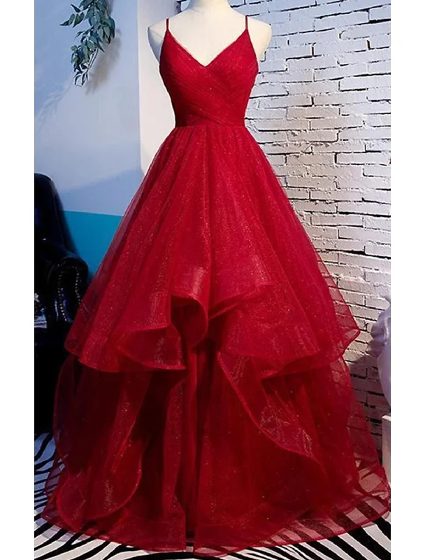 Women's Off-Shoulder DressesA-Line Prom Dresses Sexy Dress Party Wear Floor Length Sleeveless Spaghetti Strap Tulle with Ruffles