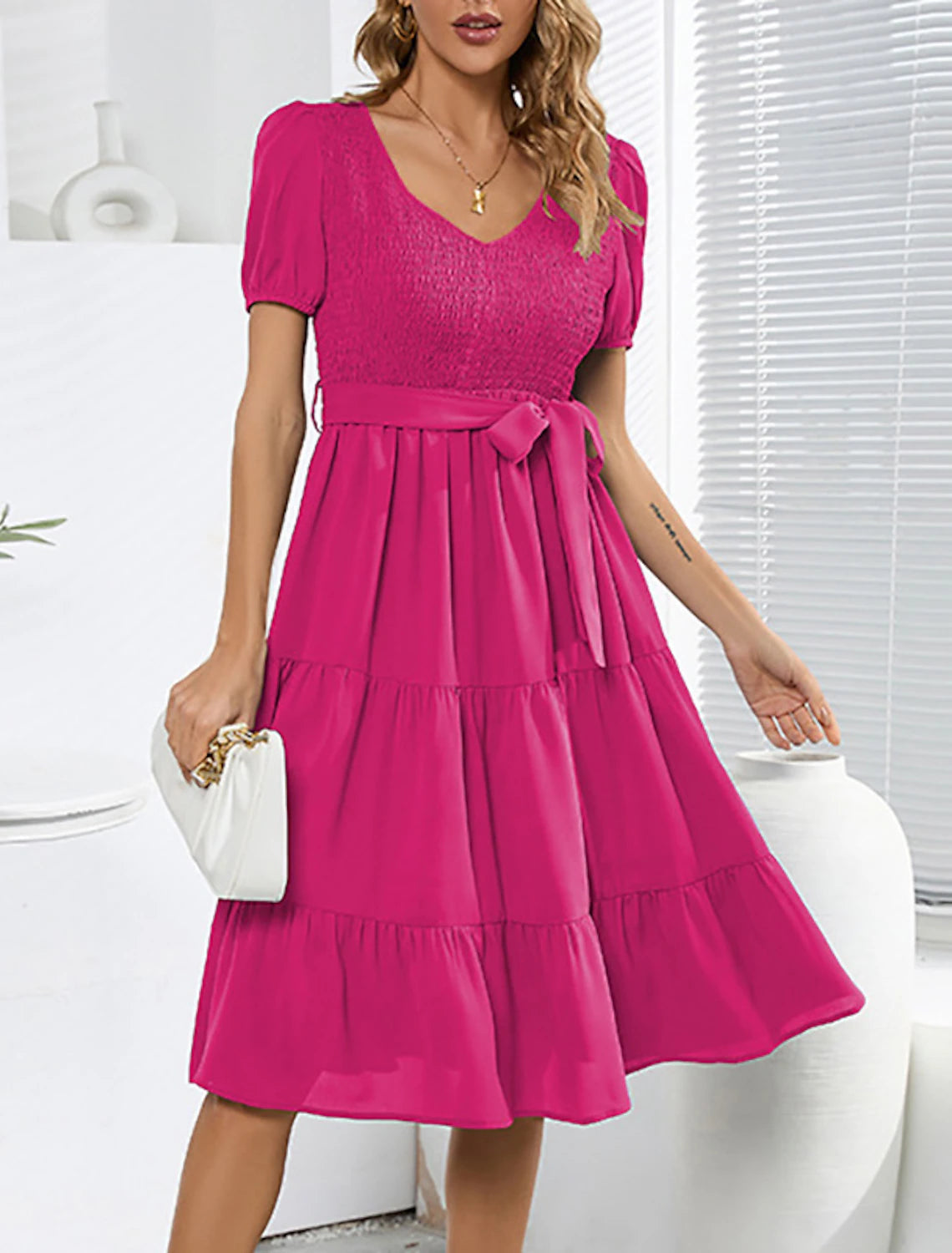 Women's One-Shoulder DressesA-Line Cocktail Dresses Party Dress Wedding Guest Cocktail Party Knee Length Short Sleeve Jewel Neck Belt / Sash Spandex with Pleats Ruched