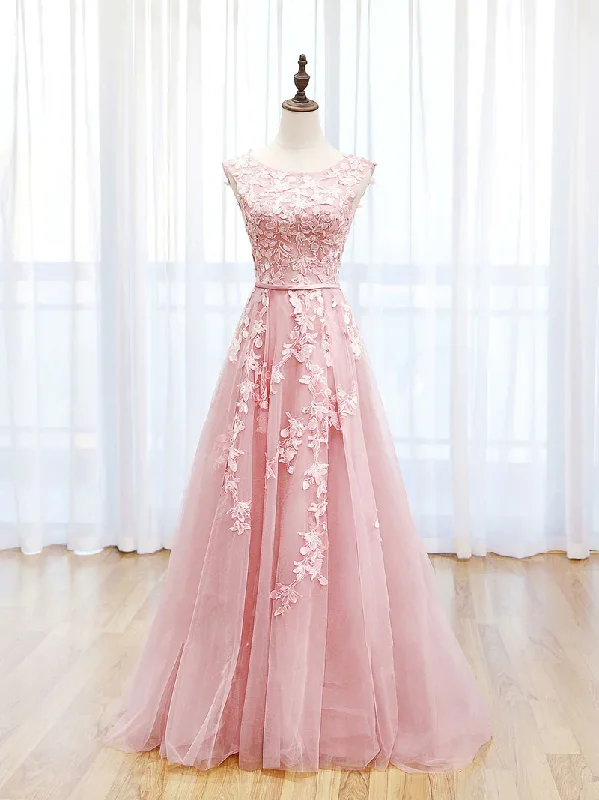 Women's Strapless DressesA-LINE LACE PINK LONG PROM DRESS, PINK LACE LONG FORMAL DRESS PARTY DRESS     S1359