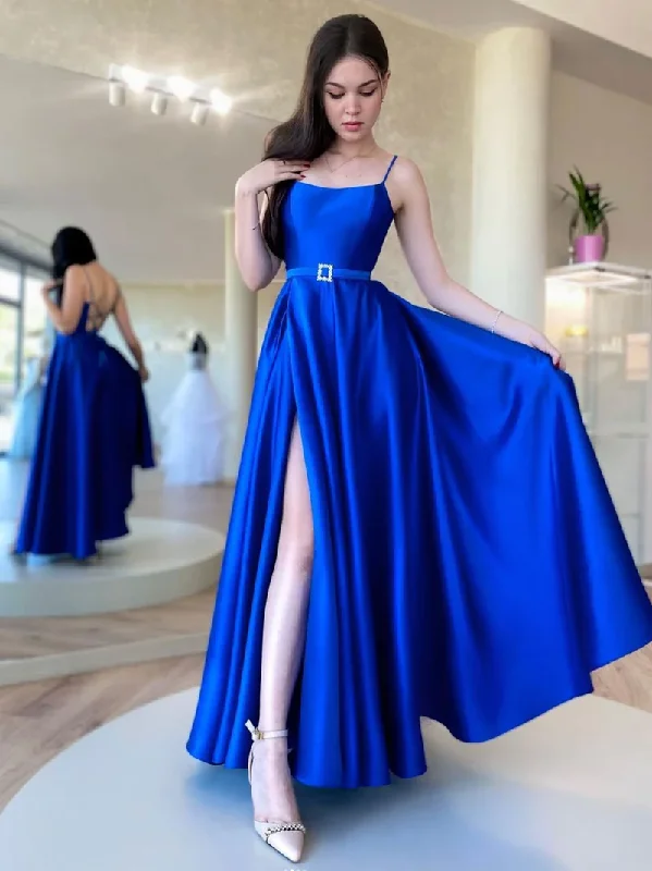 Women's Off-Shoulder DressesSIMPLE BLUE SATIN LONG PROM DRESSES, BLUE FORMAL PARTY DRESS      S1354