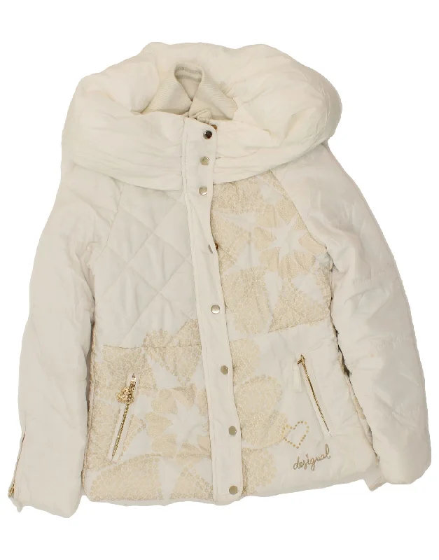 Women's Coats with Fur Trimmed ButtonsDESIGUAL Womens Graphic Padded Jacket EU 36 Small White Floral Polyester