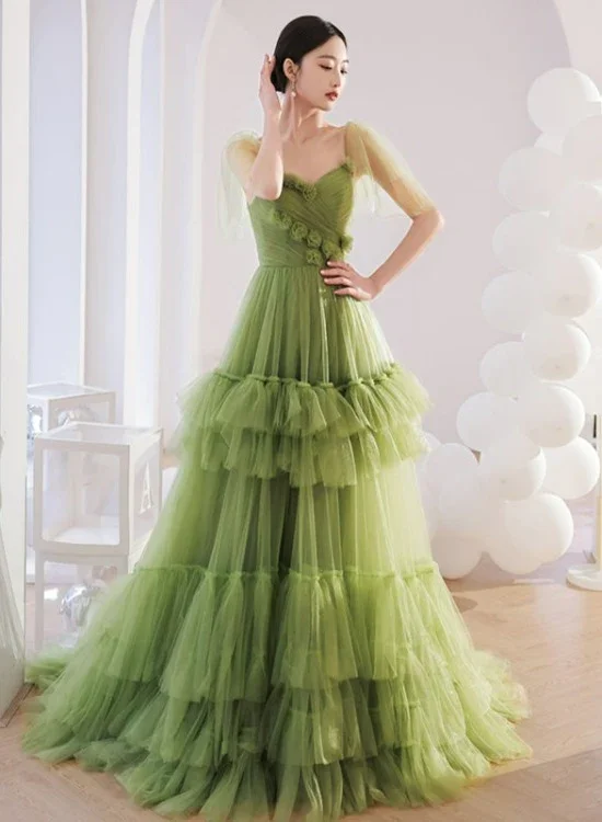 Women's Cap-Sleeve DressesLight Green Layers Tulle Sweetheart Long Formal Dresses, Tulle Wedding Party Dresses    S1237