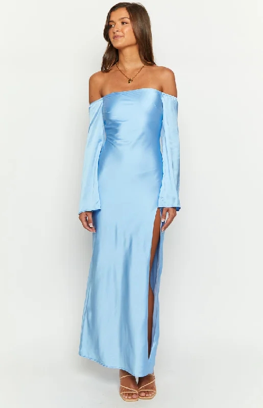 Women's Asymmetrical DressesShae Blue Satin Long Sleeve Maxi Dress