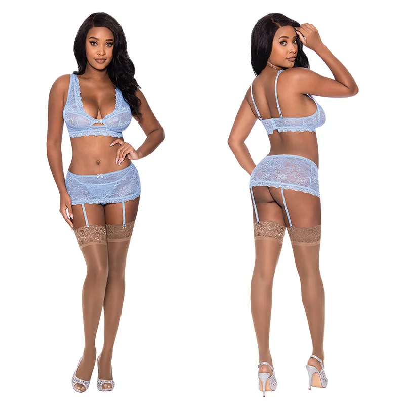 convertible plunge bra with lace trimBralette, Skirt & G-String-Blue