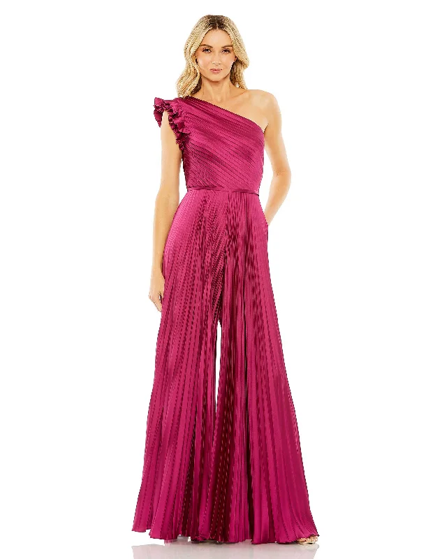 Women's Jumpsuits with Shawl CollarMac Duggal 27458 One Shoulder Charmeuse Heat Pleated Jumpsuit