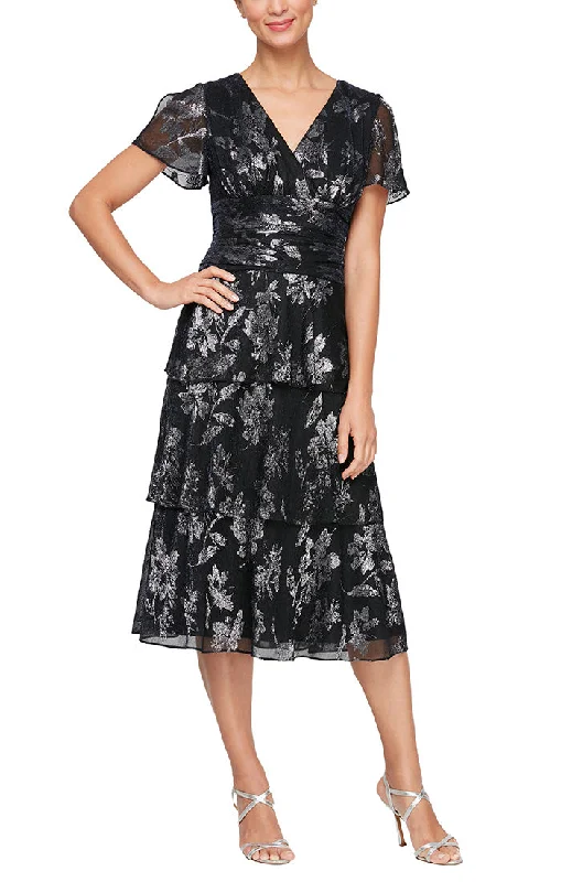 Women's Linen SkirtsTea Length Printed Shimmer Surplice Neckline Dress with Ruched Waist, Flutter Sleeves and Tiered Skirt