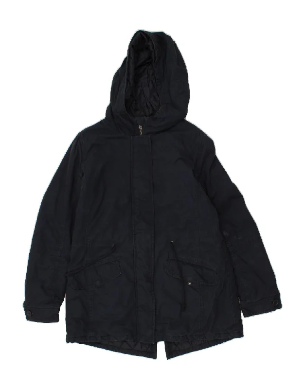 Women's Coats with Fur Trimmed HoodBENETTON Womens Hooded Parka Jacket UK 12 Medium Navy Blue Cotton