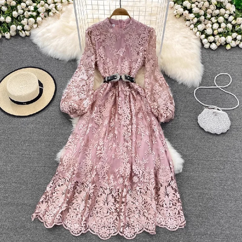 Women's Moisture-Wicking Skirtslantern long sleeves lace A-line long skirt embroidery dress        S4181