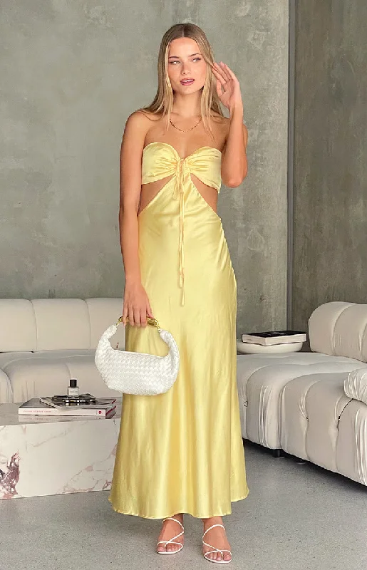 Women's U-Shaped Collar DressesLili Yellow Satin Strapless Maxi Dress