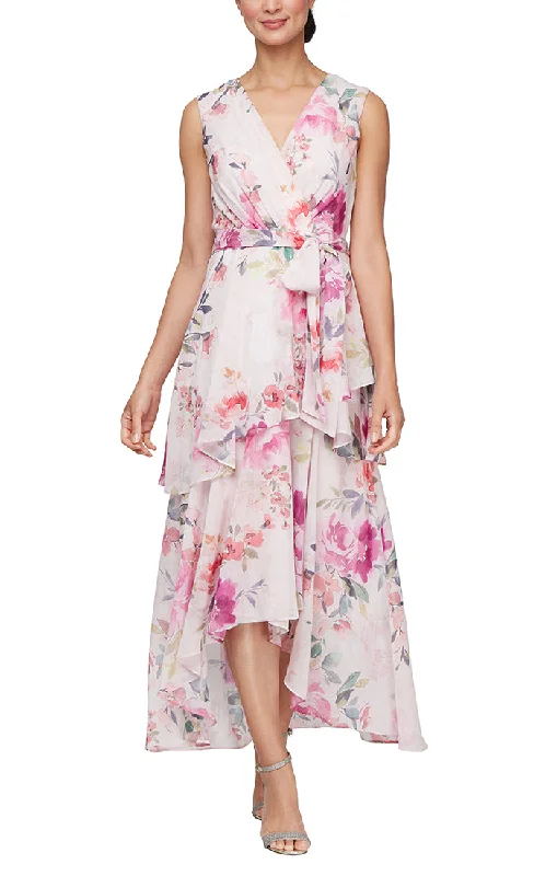 Women's Midi SkirtsFloral Chiffon High-Low Dress with Tiered Skirt and Tie Belt