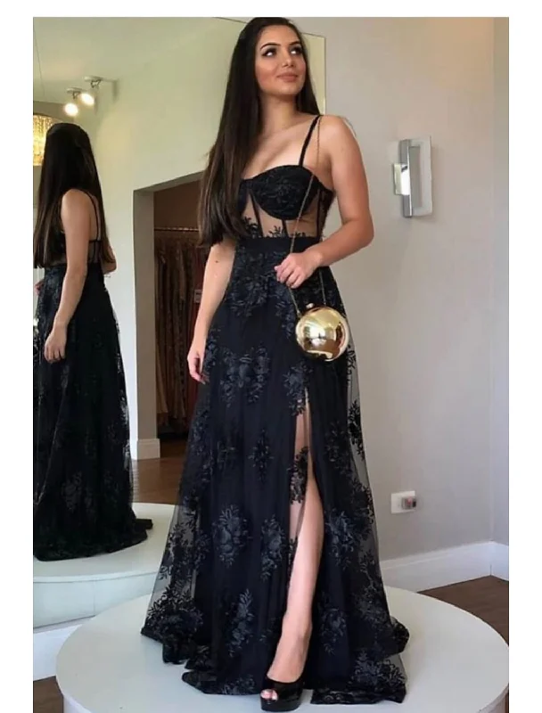 Women's Tiered DressesA-Line Prom Dresses Cut Out Dress Party Wear Floor Length Sleeveless Sweetheart Wednesday Addams Family Lace Backless with Slit Appliques