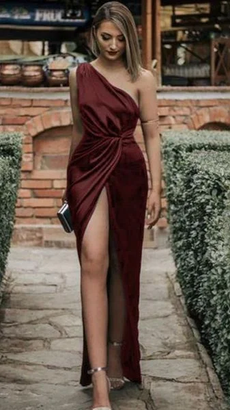 Women's Keyhole Collar DressesBurgundy Wedding Guest Party Gown Prom Gown     S702