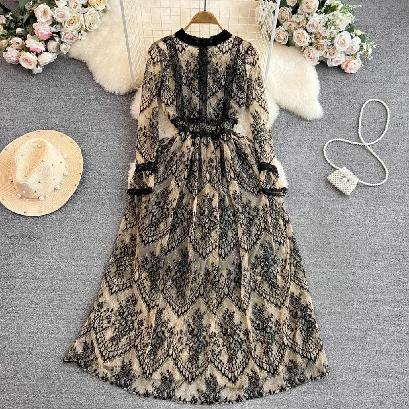 Women's Casual Chic Skirtslong-sleeved A-line lace dress elegant long skirt     S4243