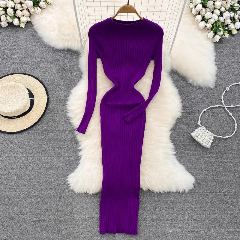 Women's Slim Fit Skirtslong-sleeved round neck  knitted dress sweater skirt     S4197