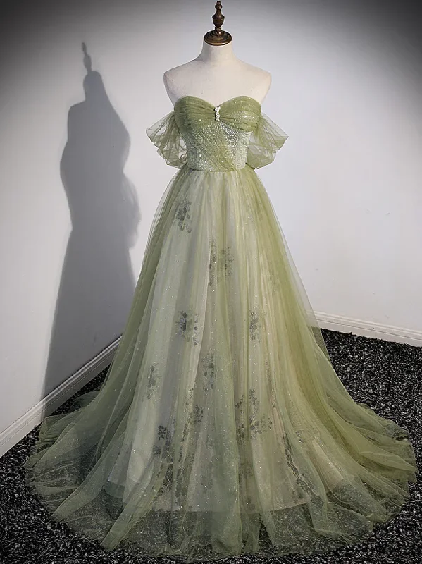 Women's Sweetheart-Neck DressesALINE GREEN TULLE LONG PROM DRESS, GREEN FORMAL EVENING PARTY DRESS   S1347