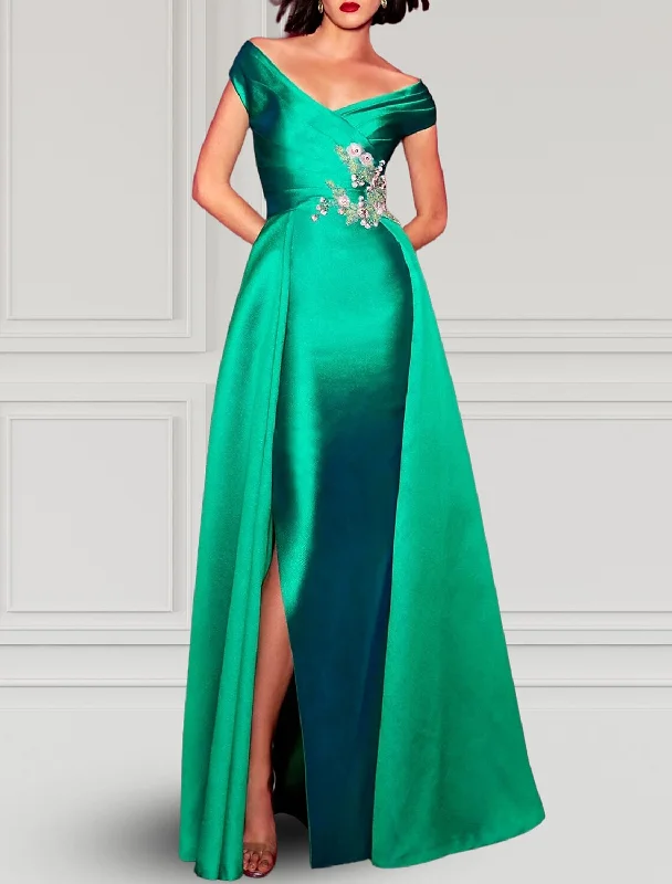 Women's Wide-Neck DressesA-Line Evening Gown Party Dress Elegant Dress Formal Fall Floor Length Short Sleeve V Neck Satin with Slit Appliques