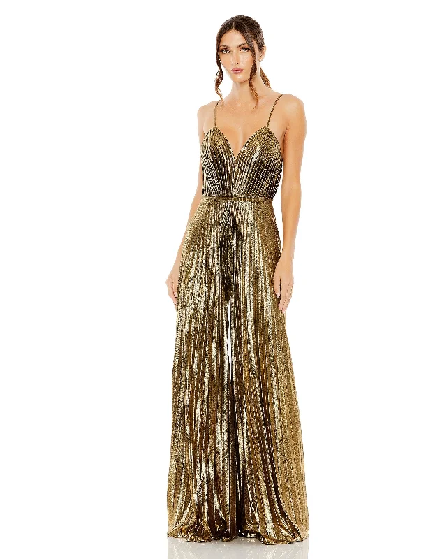 Women's Jumpsuits with SleevesMac Duggal 27143 Metallic Pleated Long Jumpsuit