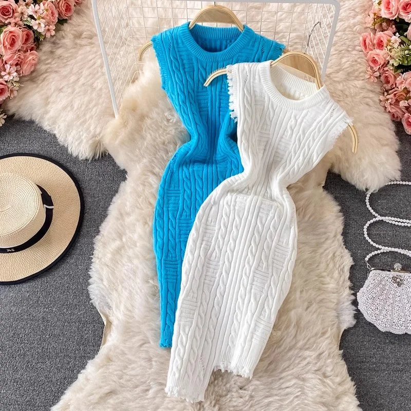 Women's Scalloped Hem SkirtsIrregular Sleeveless Vest Knitted Dress Round Neck  Sweater Skirt Women      S4302