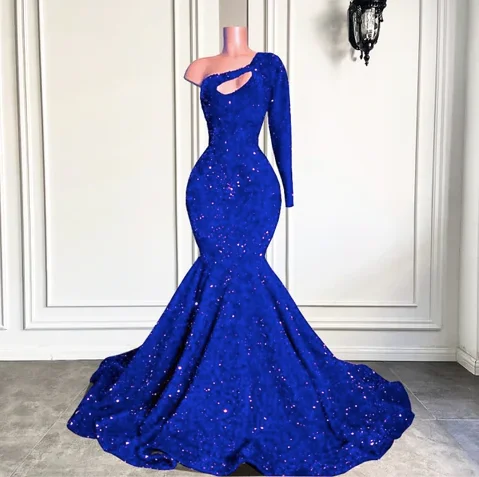 Women's Square Collar Dressesroyal blue sparkly prom dresses long sleeve one shoulder mermaid cheap formal party dresses     S915