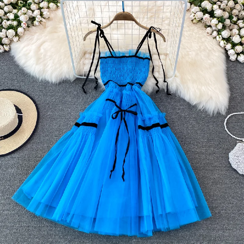 Women's Sweetheart-Back DressesBlue tulle short A line dress party dress    S454