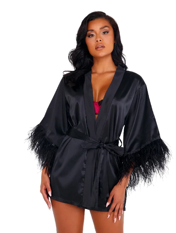 women's pajamas made from organic cottonLI399 - Soft Satin Robe with Ostrich Feathered Trim