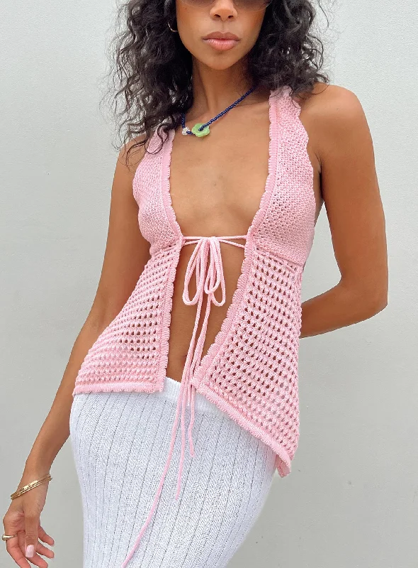 Women's Blouse with Notched CollarAdani Crochet Top Pink