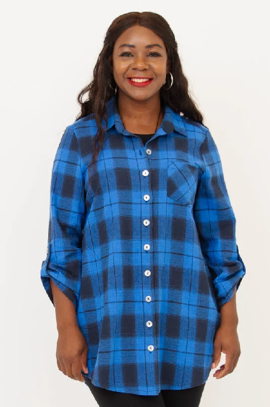 Women's Blouse with Rounded CollarCeline Tunic, Neptune Plaid, Cotton