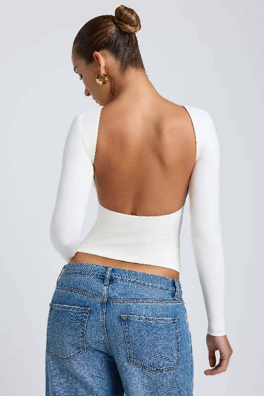 Women's Blouse with TasselsModal High Neck Long Sleeve Open Back Top in White