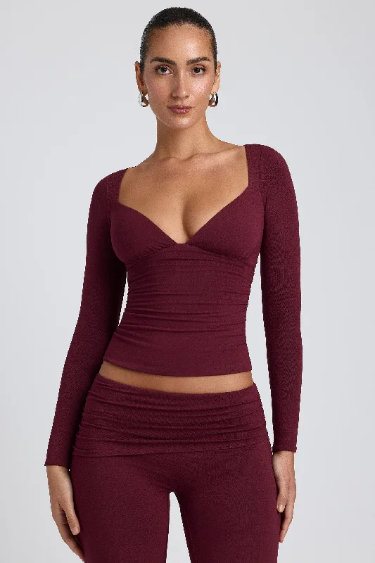 Women's Round-Neck BlouseModal Ruched Long-Sleeve Top in Plum